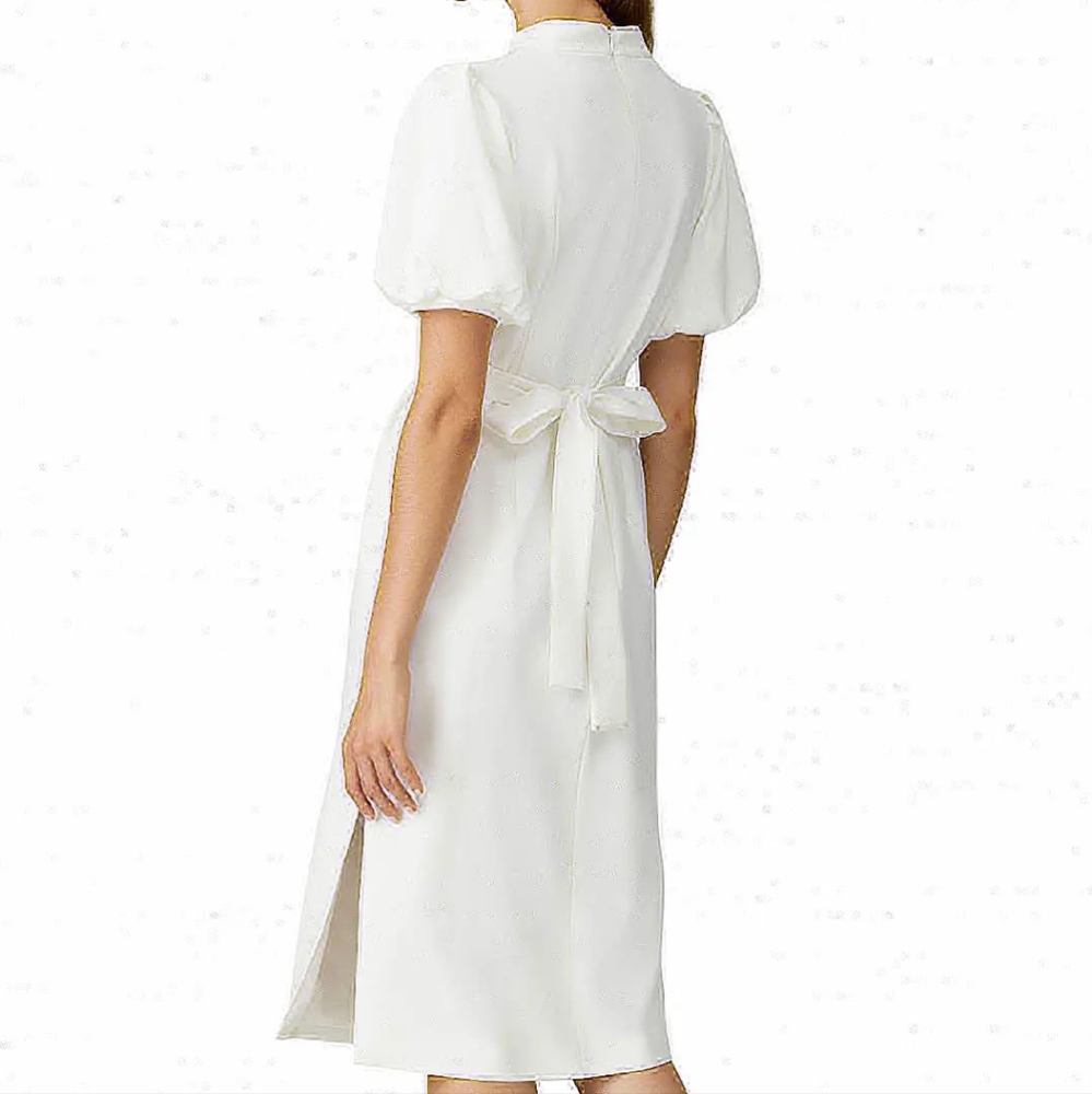 CAARA Fritz White Crepe Puff-Sleeve Tie Midi Dress Medium